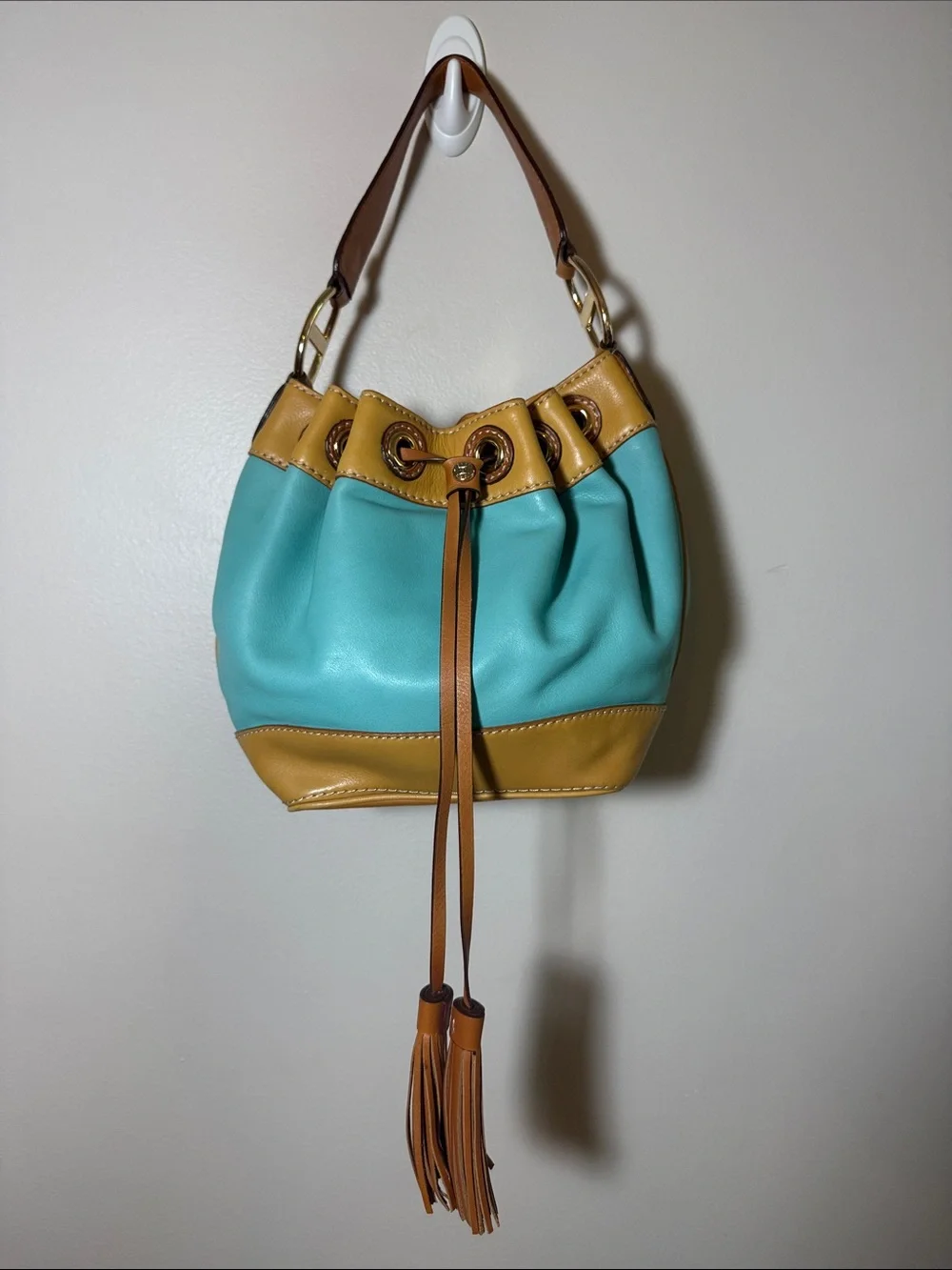 Turquoise & Tan Michael Kors Drawstring Bucket Bag - Women
